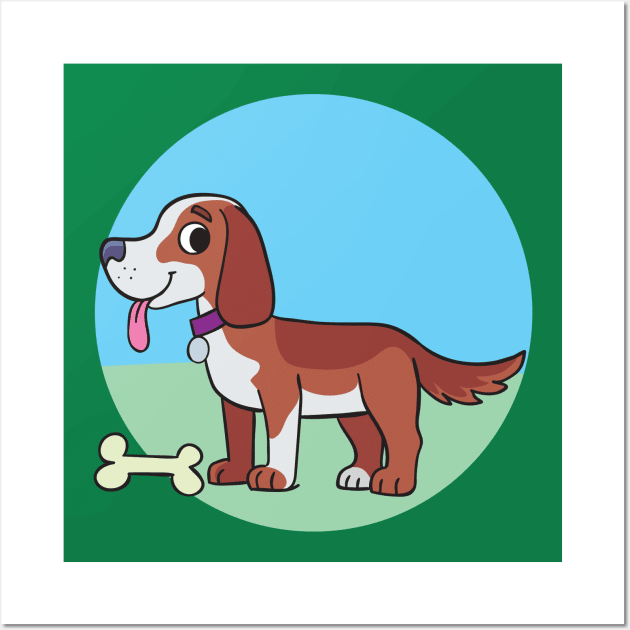 colorful dog with a bone in front on a wide grassy meadow Wall Art by duxpavlic